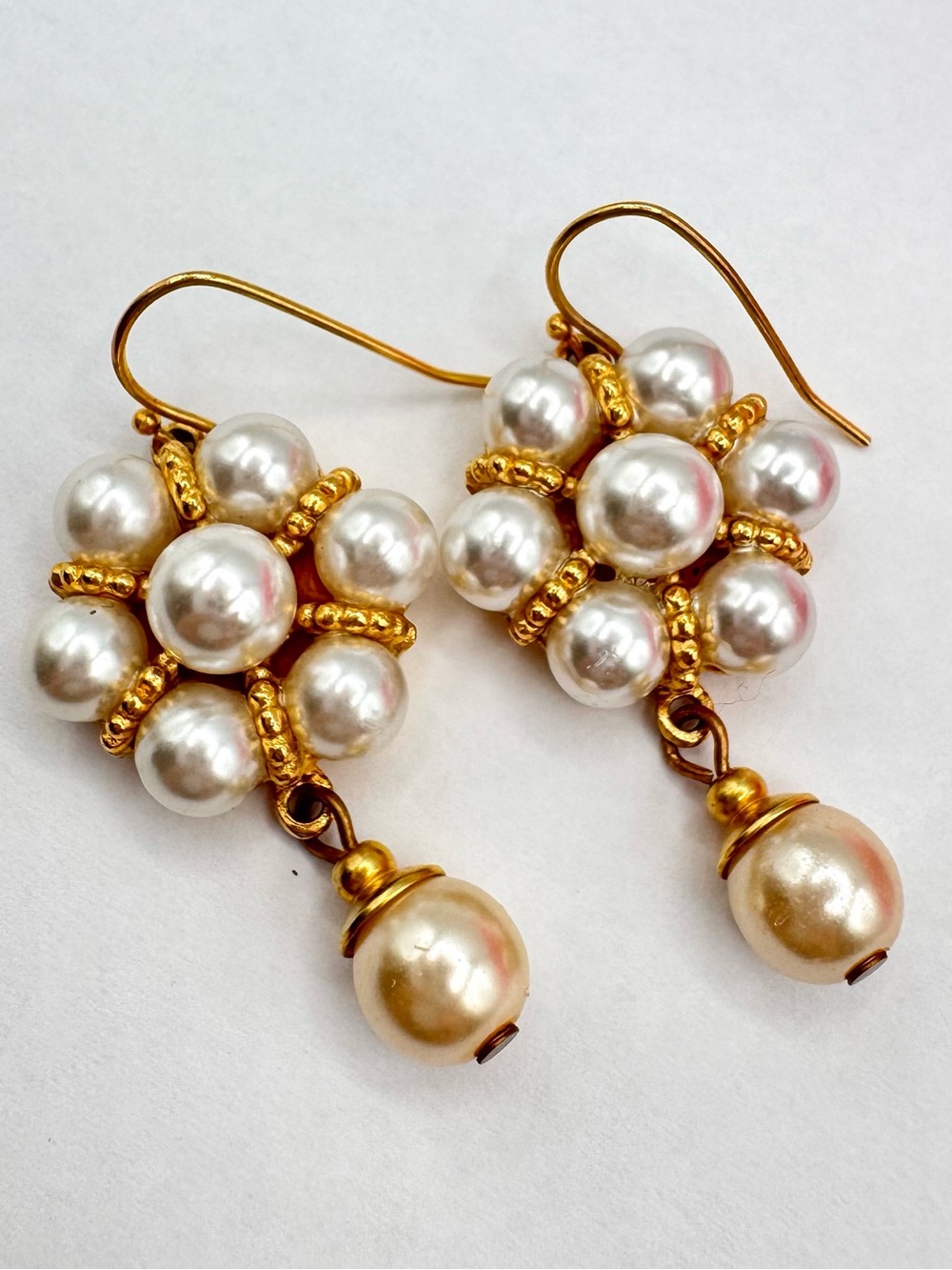 Vintage Signed Ben-Amun Faux Pearl Cluster Drop Dangle Earrings Gold Tone